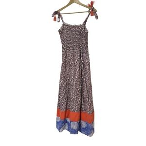 THML Blue Orange Floral Smocked Midi Dress Size Medium Boho Preppy Travel